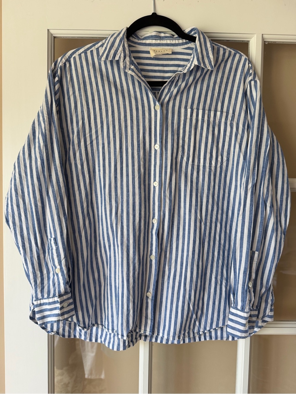 Sezane Max Cotton and Linen Striped Button Down Blue and White Size 36 - Picture 4 of 7